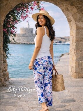 Lilly Pulitzer Floral Ankle Pants Size 8 Blue Pink Resort Vacation Preppy